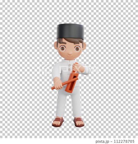 3D Illustration of Muslim character waking up for Sahur using traditional Indonesian tools 112278705