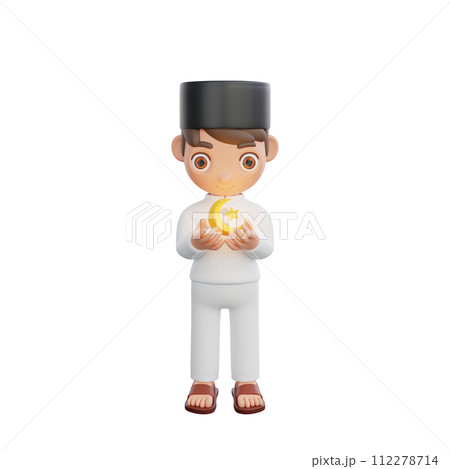 3D Illustration of Muslim character holding a glowing crescent moon and star 112278714