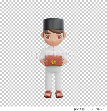 3D Illustration of Muslim character holding a charity box 112278723