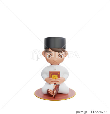 3D Illustration of Muslim character sitting while hugging the Quran 112278732