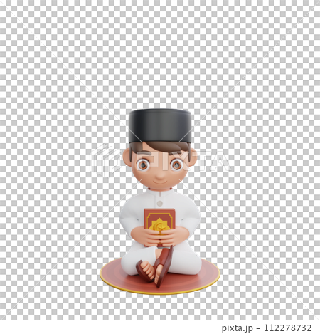 3D Illustration of Muslim character sitting while hugging the Quran 112278732