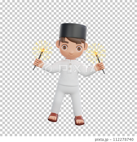 3D Illustration of Muslim character holding a sparkler 3D Illustration of Muslim character holding a sparkler 112278740