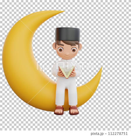 3D Illustration of Muslim character reading the Quran sitting on the crescent moon 112278751