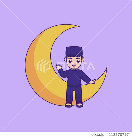 Vector illustration of a character waving from the crescent moon. Ramadan Kareem design concept 112278757