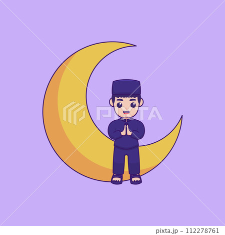 Vector illustration of a character sitting on a crescent moon and making the gesture of Salam. Ramadan Kareem design concept Vector illustration of a character sitting on a crescent moon and making the gesture of Salam. Ramadan Kareem design concept 112278761