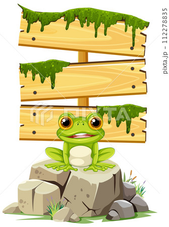 Happy Frog with Wooden Sign Happy Frog with Wooden Sign 112278835