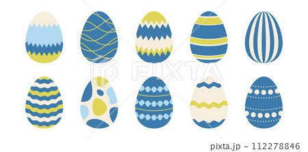Colorful spring Easter eggs set. Blue, green, cream egg icon collection with different ornaments. Doodle style Easter illustration bundle for banner, poster, card, invitation, sticker. Vector pack Colorful spring Easter eggs set. Blue, green, cream egg icon collection with different ornaments. Doodle style Easter illustration bundle for banner, poster, card, invitation, sticker. Vector pack 112278846