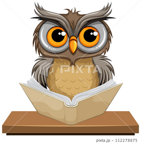 Wise Owl Reading a Book Illustration 112278875