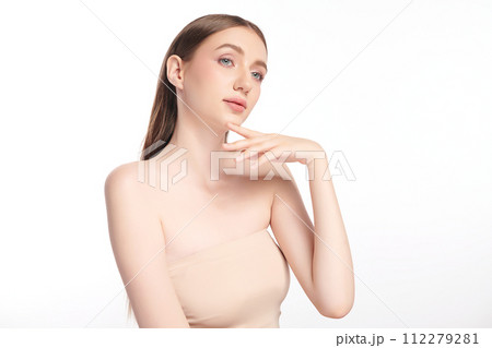 Beautiful young woman with clean fresh skin on white background, Face care, Facial treatment, Cosmetology, beauty and spa, women portrait. 112279281