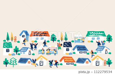街並みと人々のフラットな手書きのイラスト 112279534