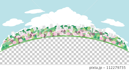 櫻花盛開的城市景觀的插圖。春天城市景觀的插圖。 112279735