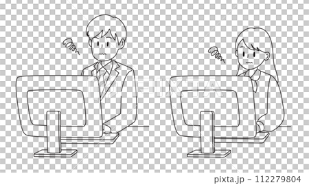 Male and female business people working at a computer 112279804