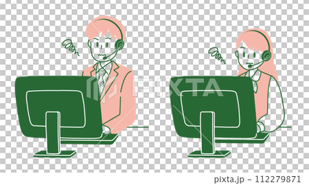 A man and a woman wearing headsets and facing a computer 112279871