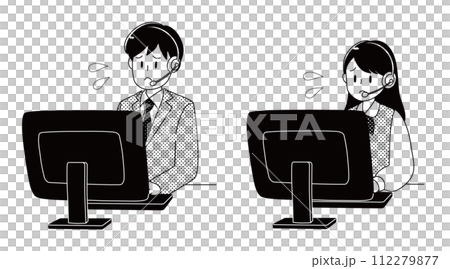 A man and a woman wearing headsets and facing a computer 112279877