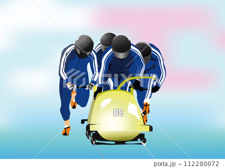 Four men team bobsleigh. 3d vector color illustration 112280072