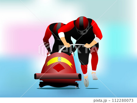 Two men team bobsleigh. 3d vector color illustration 112280073