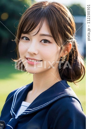 笑顔でこちら見つめる女子高生 112280301