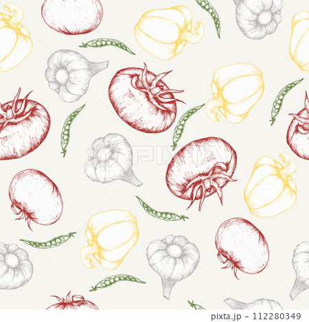 Vector food seamless pattern. Art line , fresh vegetables background for menu, restaurant cafe design. Vegan eating habits, healthy food :red tomato, sweet pepper, garlic and peace 112280349