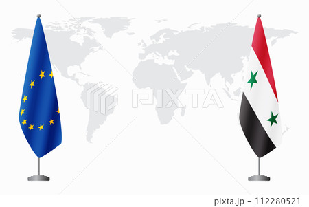European Union and Syria flags for official meeting 112280521