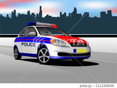 Police car on city panorama background. Vector 3d illustration. 112280689