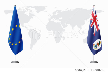 European Union and Cayman Islands flags for official meeting 112280768