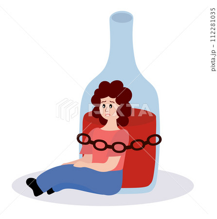 Alcoholism problem. Unhealthy lifestyle. Alcohol abuse and addiction. Alcoholic woman character. Drunk girl is chained to a bottle. Vector flat illustration. 112281035