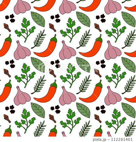 Seamless pattern with chili, bay leaf, parsley, black pepper, garlic, rosemary, clove. Spices, condiments and herbs background. Kitchen wallpaper. Vector flat illustration. 112281401