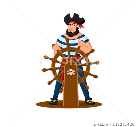 Cartoon pirate skeeper character at the helm. Isolated vector whimsical captain wearing tricorn hat, striped vest and a mischievous smile, steering the ship through nautical swashbuckling adventures 112281420