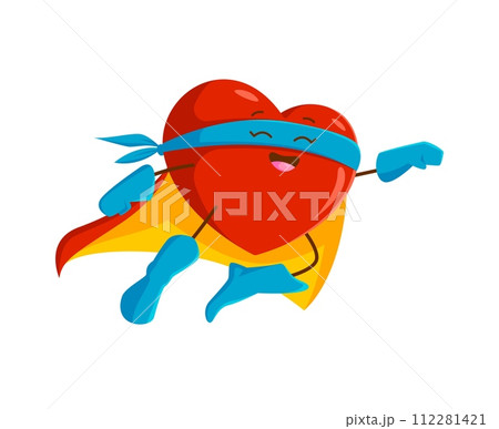 Cartoon superhero heart character. Isolated vector strong Heartman super hero, Valentines day heroic personage in red cape and blue mask flying with raised fist, his power emanates love and compassion Cartoon superhero heart character. Isolated vector strong Heartman super hero, Valentines day heroic personage in red cape and blue mask flying with raised fist, his power emanates love and compassion 112281421