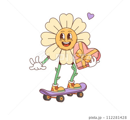 Cartoon retro groovy Valentine daisy flower character on skateboard, vector 70s hippie art. Funny groovy daisy flower in love with heart gift riding skateboard, Valentine day holiday or wedding emoji 112281428