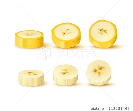 Realistic sliced banana fruit. Ripe peeled and unpeeled circular slices. Isolated 3d vector golden and irresistibly delicious circles of natural sweet and healthy snack, dessert of tropical plant 112281442