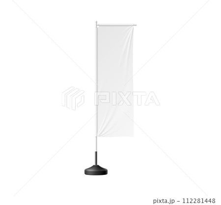 Realistic banner stand, beach flag isolated 3d vector mockup, showcasing white, rectangular fabric billboard designed for displaying brand, graphic, and advertising content in an outdoor environment 112281448