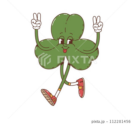 Cartoon trefoil clover leaf groovy character. Isolated vector retro shamrock funky holiday personage with mischievous smile, spreading joy and luck for Irish Patrick day celebration in a fantasy world 112281456