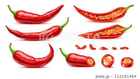 Realistic raw isolated whole and half chili pepper, slice and ring of hot vegetable spice, vector food seasoning. 3d ripe chili, cayenne or jalapeno peppers, mexican cuisine vegetable with seeds 112281464
