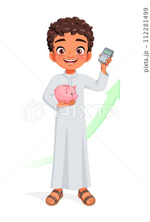 Arab boy with piggy bank and calculator. Smart kid saving money for future. Isolated vector illustration. 112281499