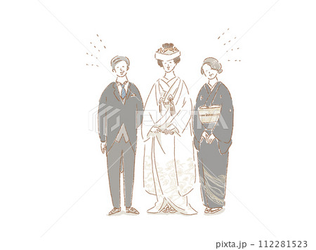 白無垢(角隠し)の花嫁と、モーニングコートの父親と黒留袖の母親、両親、結婚式 白無垢(角隠し)の花嫁と、モーニングコートの父親と黒留袖の母親、両親、結婚式 112281523