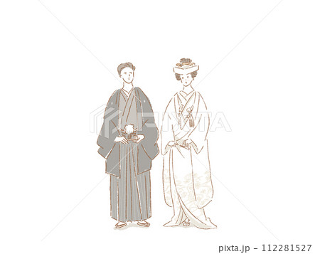 白無垢(角隠し)の花嫁と紋付袴姿の新郎新婦、結婚式、 白無垢(角隠し)の花嫁と紋付袴姿の新郎新婦、結婚式、 112281527
