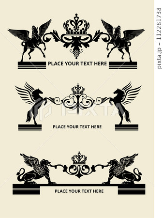 Some symbols with lion and horse with wings images. Black and white vector illustration 112281738