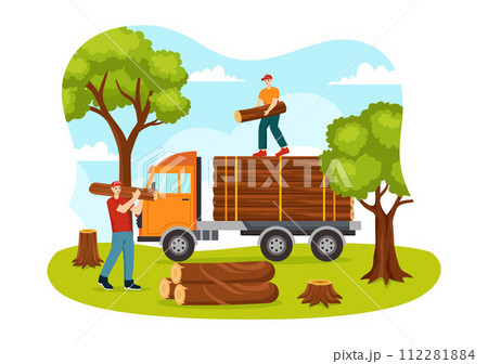 Timber Vector Illustration with Man Chopping Wood and Tree with Lumberjack Work Equipment Machinery or Chainsaw at Forest in Flat Cartoon Background 112281884