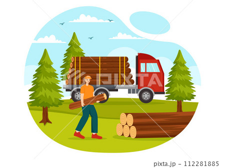 Timber Vector Illustration with Man Chopping Wood and Tree with Lumberjack Work Equipment Machinery or Chainsaw at Forest in Flat Cartoon Background 112281885
