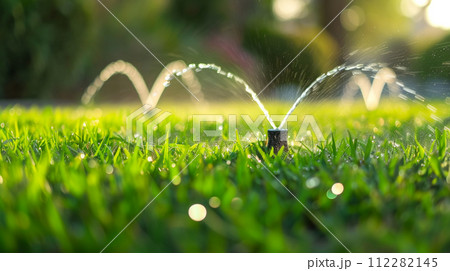 緑の芝生とスプリンクラーの散水 112282145