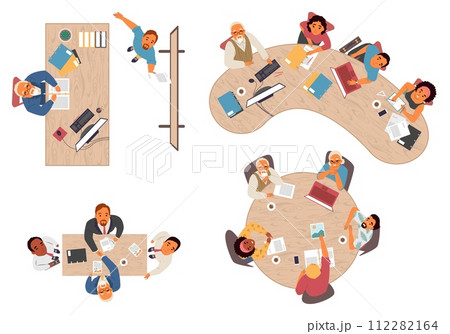 Top view of office workers at workplace looking up set Top view of office workers at workplace looking up set 112282164