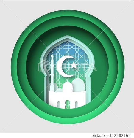 Muslim religious symbol with mosque and crescent papercut design 112282165