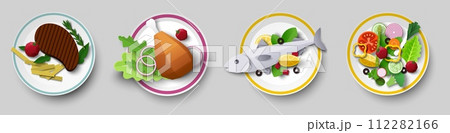Restaurant dish with meat, fish, chicken and salad set 112282166