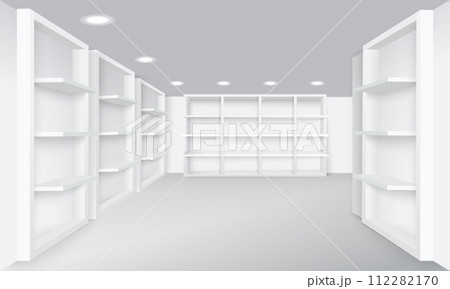 Realistic store interior with empty shelves background 112282170