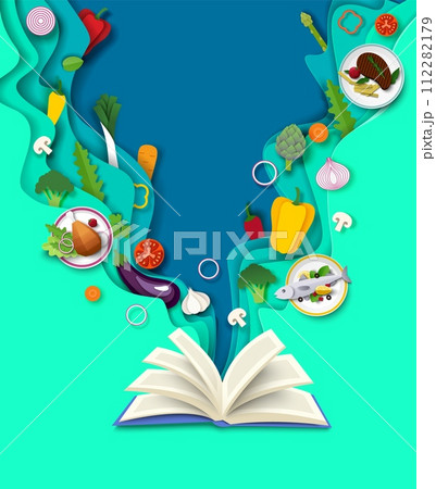Opened cooking book with fresh sliced ingredients floating paper cut art 112282179