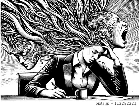 AI-generated content. Woman employee feeling stress and professional burnout AI-generated content. Woman employee feeling stress and professional burnout 112282223