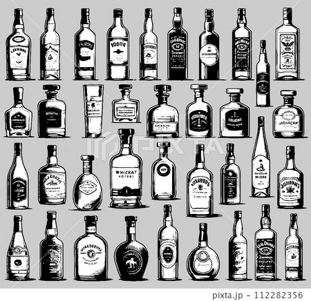 AI-generated content. Alcohol bottles of different shapes and forms isolated set 112282356