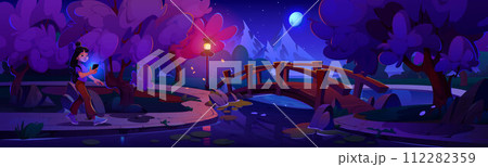 Woman walking in city park with sakura at night 112282359