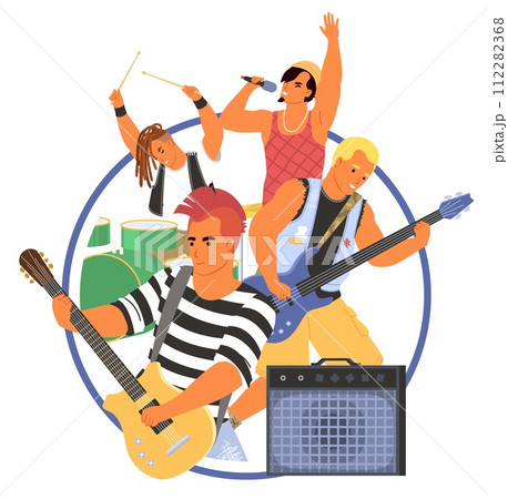 Musicians rock band round poster vector illustration 112282368